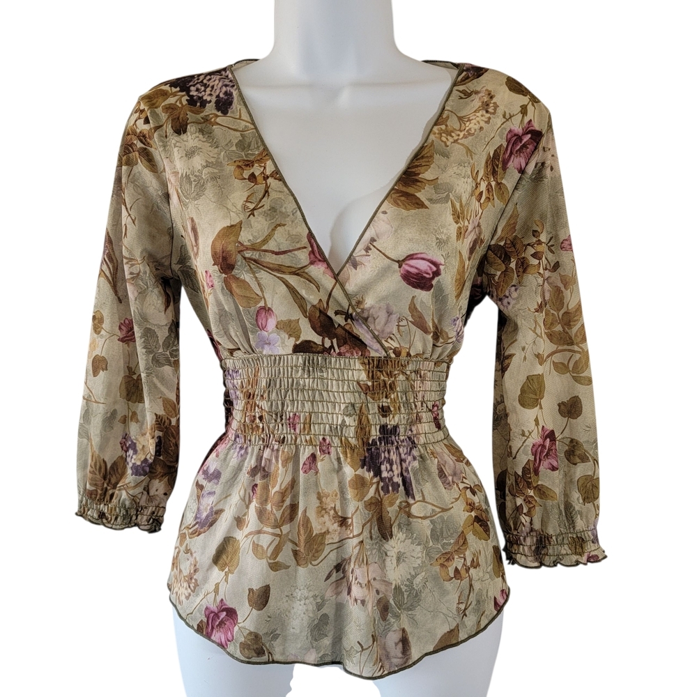 VTG Y2K Peace On Earth Green Floral Babydoll Top Sz L Elastic Waist Whimsigoth